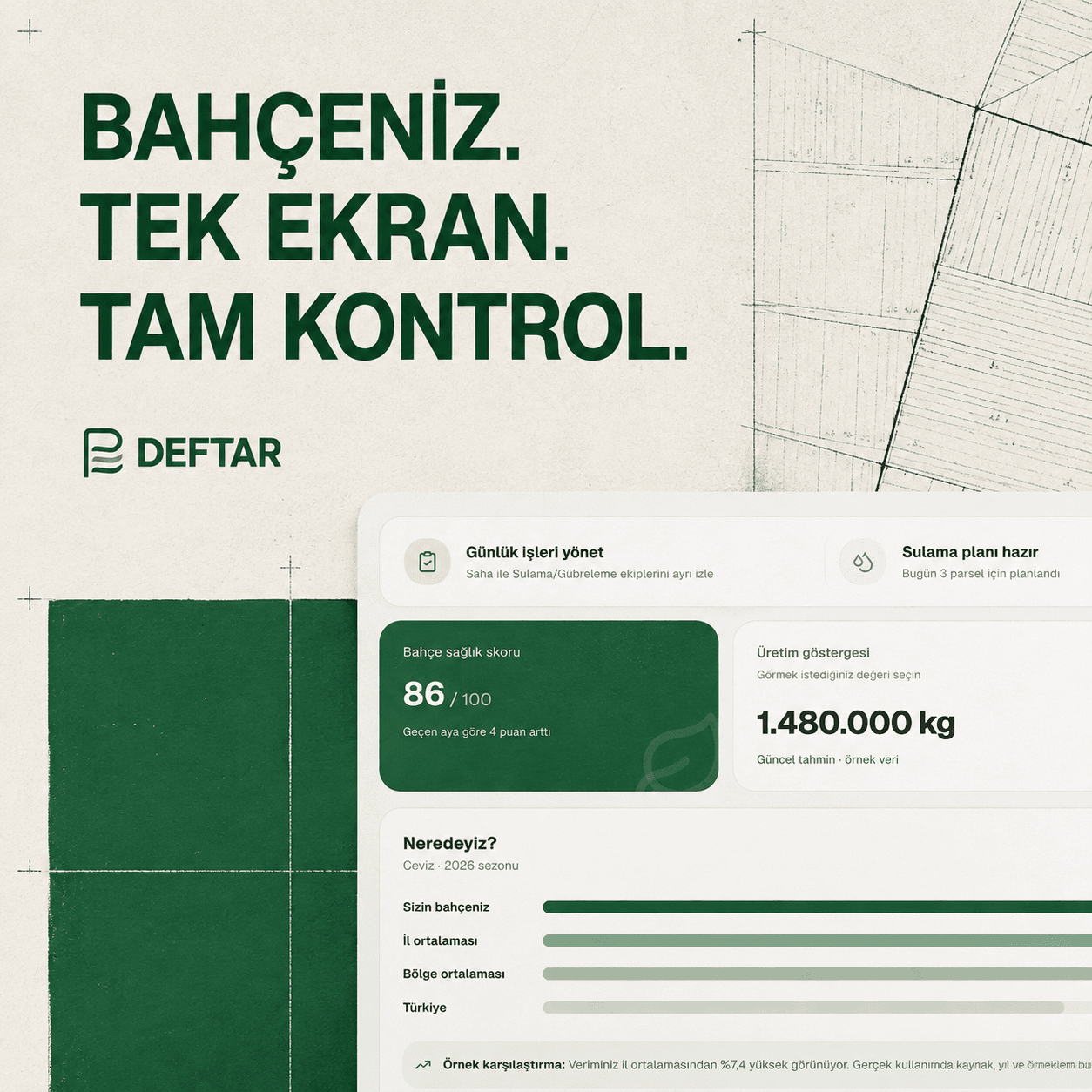 Deftar genel bakış ekranı ve bahçe yönetimi özellikleri